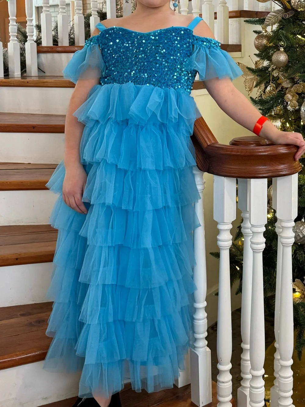 Girls' Blue Ruffle Tulle Sequin Party Dress